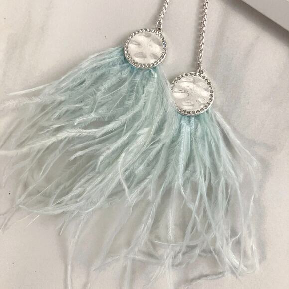 VTG Signed Carol Dauplaise Necklace Silver Tone Light Blue Feathers, Y2K Boho - Picture 6 of 9